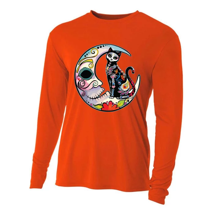 Sugar Skull Moon Cat Mexican Day Of Dead Dia De Los Muertos Cooling Performance Long Sleeve Crew