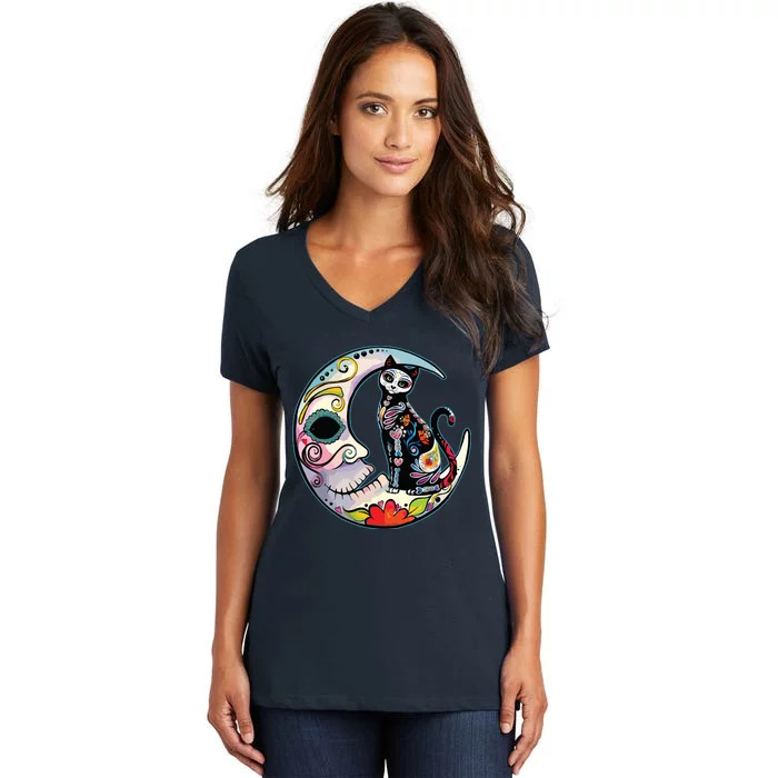 Sugar Skull Moon Cat Mexican Day Of Dead Dia De Los Muertos Women's V-Neck T-Shirt