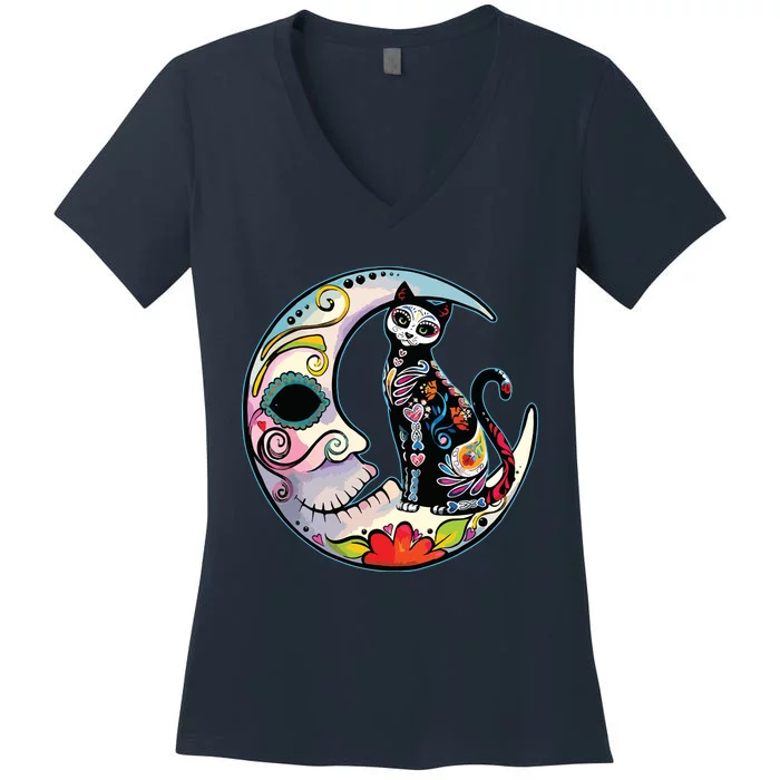 Sugar Skull Moon Cat Mexican Day Of Dead Dia De Los Muertos Women's V-Neck T-Shirt