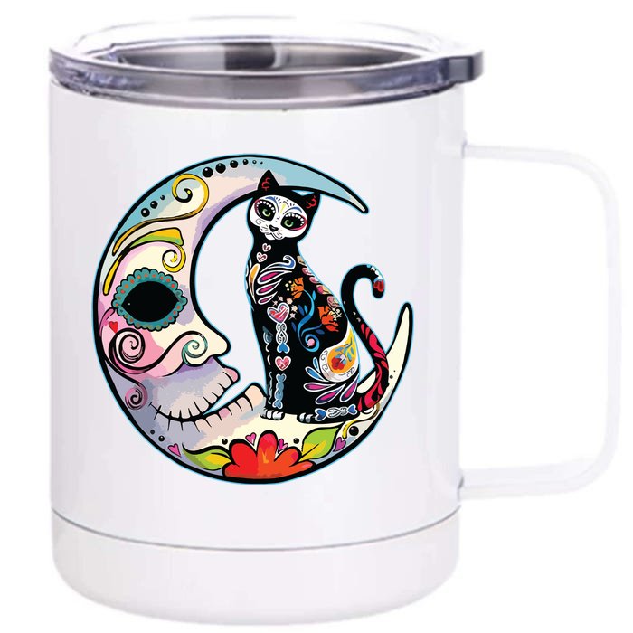 Sugar Skull Moon Cat Mexican Day Of Dead Dia De Los Muertos Front & Back 12oz Stainless Steel Tumbler Cup