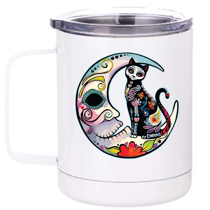 Sugar Skull Moon Cat Mexican Day Of Dead Dia De Los Muertos Front & Back 12oz Stainless Steel Tumbler Cup