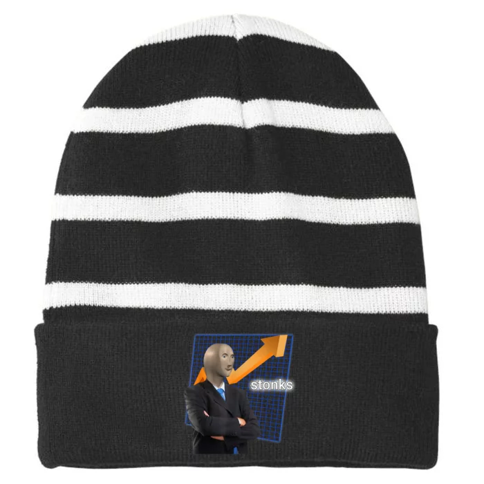 Stonks Surreal Memes Funny Stock Striped Beanie with Solid Band