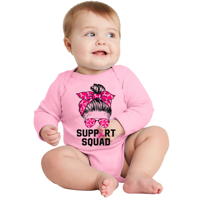 Support Squad Messy Bun Pink Warrior Breast Cancer Awareness Baby Long Sleeve Bodysuit