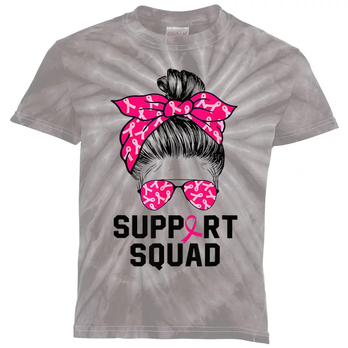 Support Squad Messy Bun Pink Warrior Breast Cancer Awareness Kids Tie-Dye T-Shirt