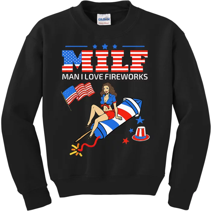 Saying Sarcastic MILF Man I Love Fireworks Kids Sweatshirt