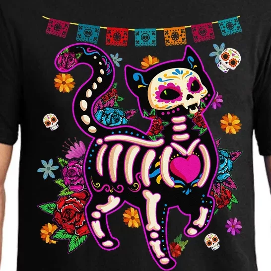 Sugar Skull Mexican Cat Bone Halloween Day Of Dead Pajama Set