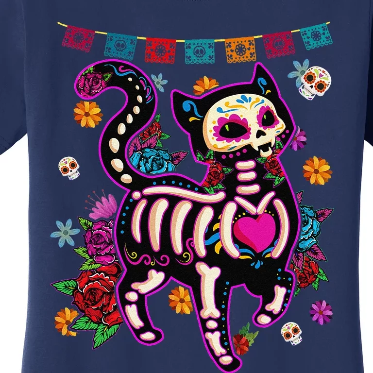 Sugar Skull Mexican Cat Bone Halloween Day Of Dead Women's T-Shirt