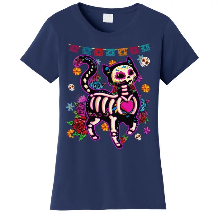 Sugar Skull Mexican Cat Bone Halloween Day Of Dead Women's T-Shirt