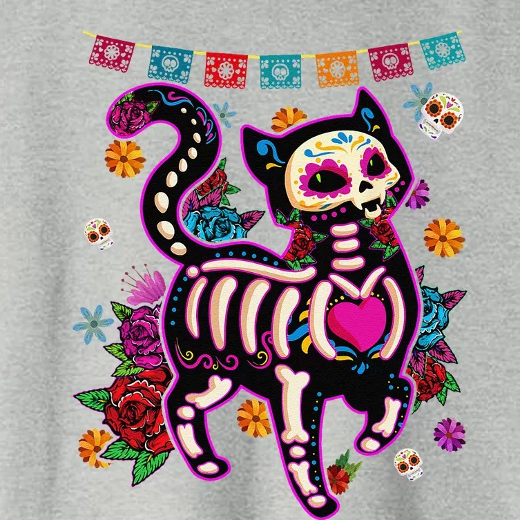 Sugar Skull Mexican Cat Bone Halloween Day Of Dead Women's Crop Top Tee