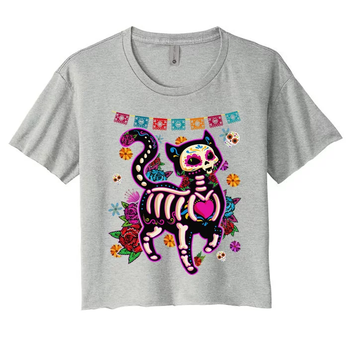 Sugar Skull Mexican Cat Bone Halloween Day Of Dead Women's Crop Top Tee