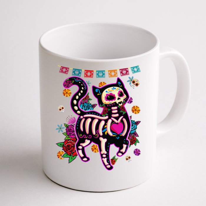 Sugar Skull Mexican Cat Bone Halloween Day Of Dead Front & Back Coffee Mug