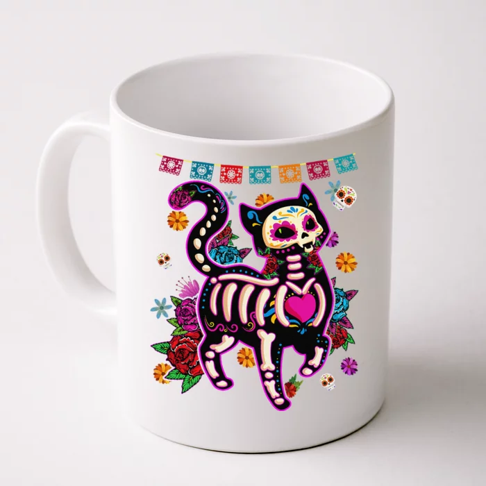 Sugar Skull Mexican Cat Bone Halloween Day Of Dead Front & Back Coffee Mug