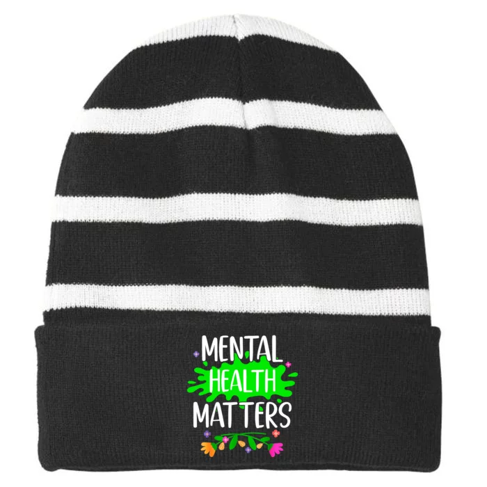 Support Squad Mental Health Awareness Lime Green Ribbon Striped Beanie with Solid Band