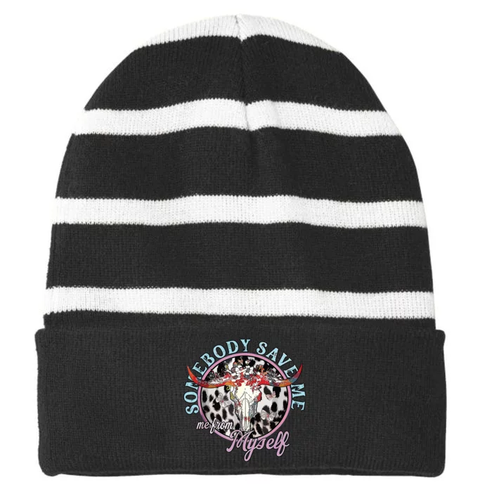 Somebody Save Me Country Music Retro Cowgirl Striped Beanie with Solid Band