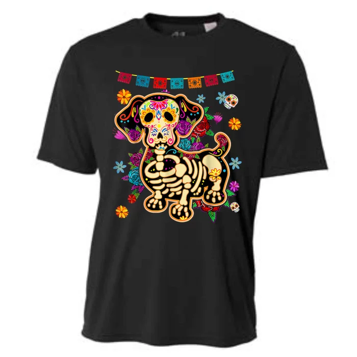 Sugar Skull Mexican Dachshund Bone Halloween Day Of Dead Cooling Performance Crew T-Shirt