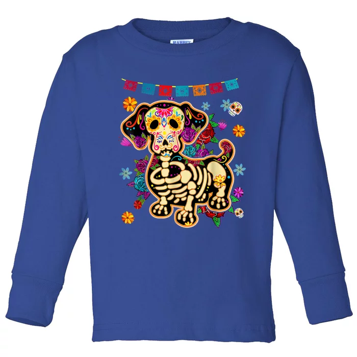 Sugar Skull Mexican Dachshund Bone Halloween Day Of Dead Toddler Long Sleeve Shirt