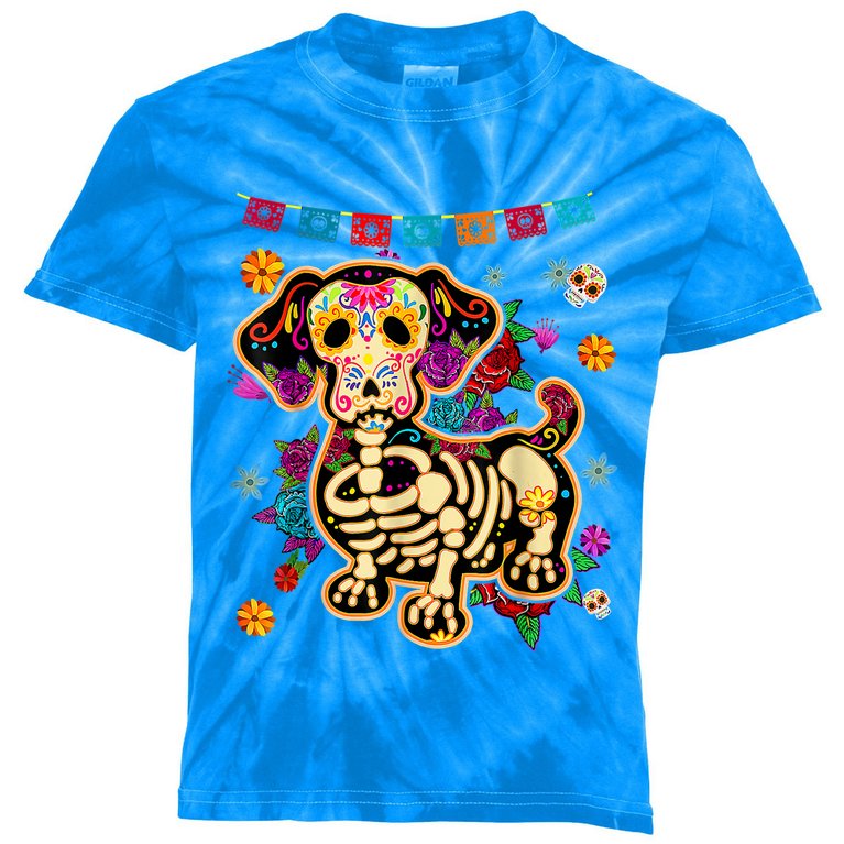 Sugar Skull Mexican Dachshund Bone Halloween Day Of Dead Kids Tie-Dye T-Shirt