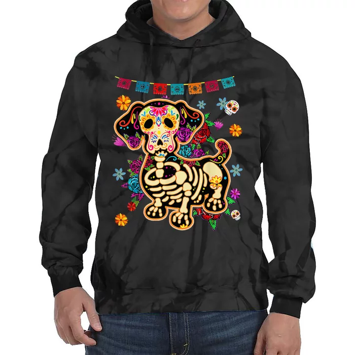 Sugar Skull Mexican Dachshund Bone Halloween Day Of Dead Tie Dye Hoodie