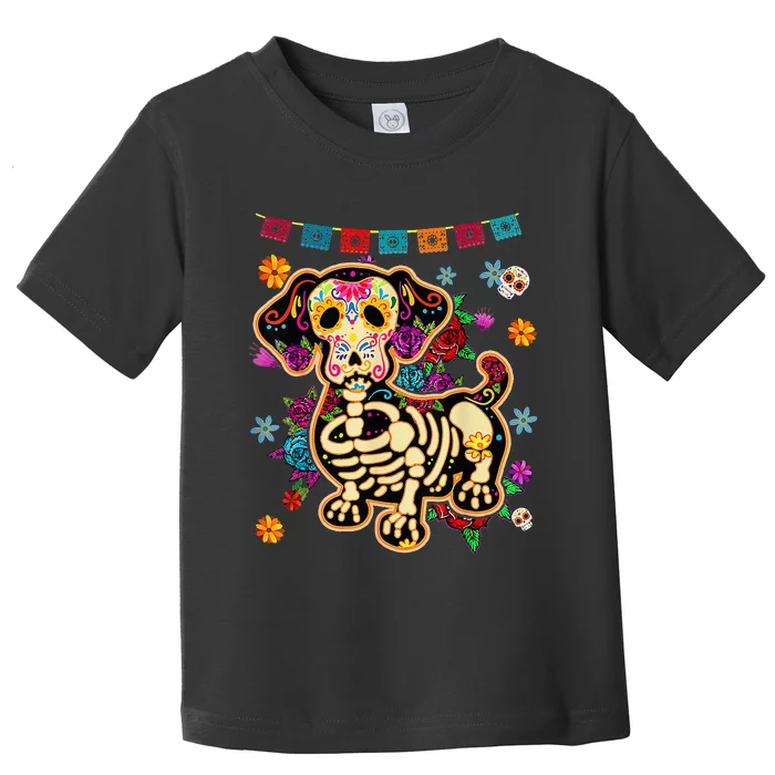 Sugar Skull Mexican Dachshund Bone Halloween Day Of Dead Toddler T-Shirt