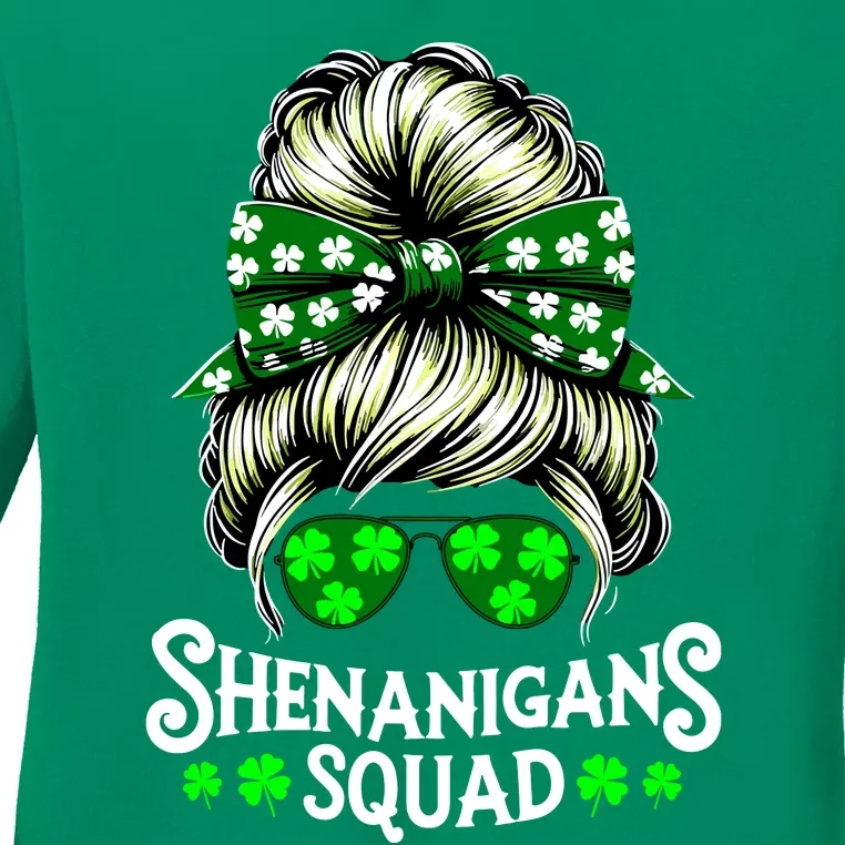 Shenanigans Squad Messy Bun St Patricks Day Ladies Long Sleeve Shirt