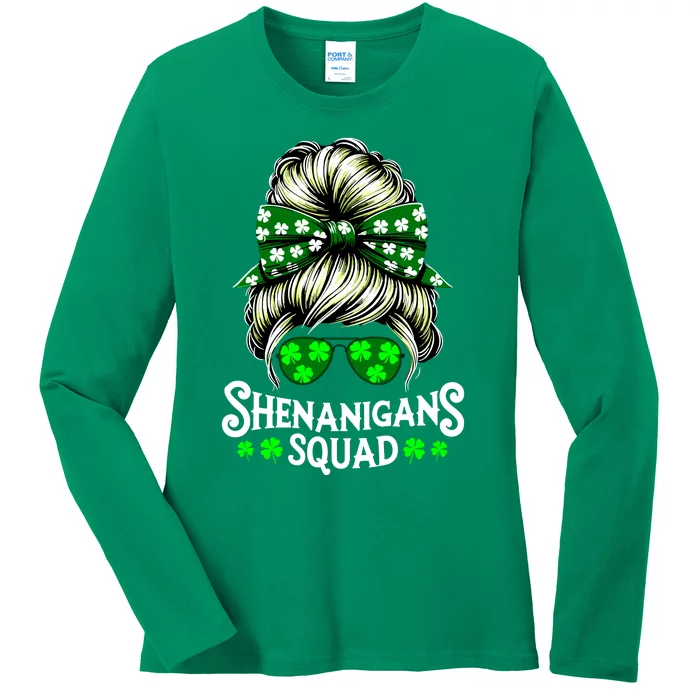 Shenanigans Squad Messy Bun St Patricks Day Ladies Long Sleeve Shirt