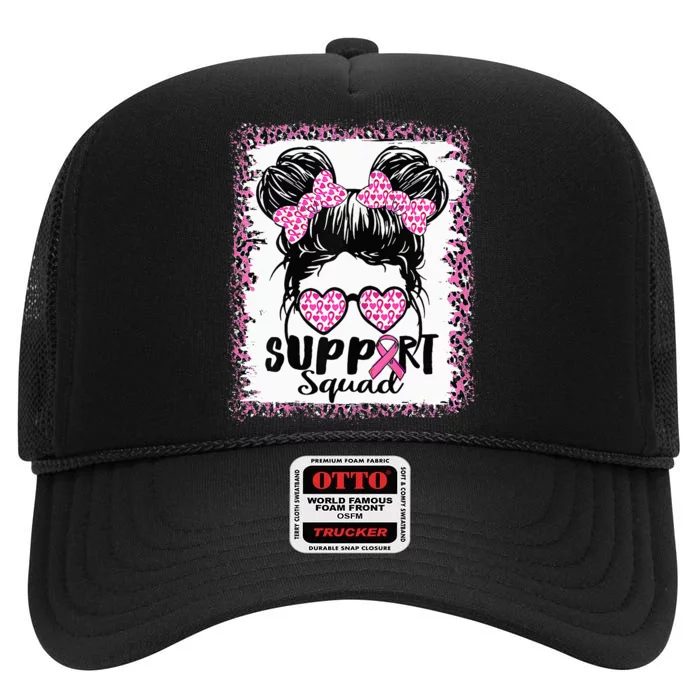 Support Squad Messy Hair Bun Pink Warrior Breast Cancer High Crown Mesh Trucker Hat