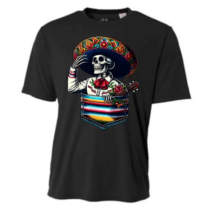 Serape Skeleton Mariachi Sombrero Hat Cinco De Mayo Pocket Cooling Performance Crew T-Shirt