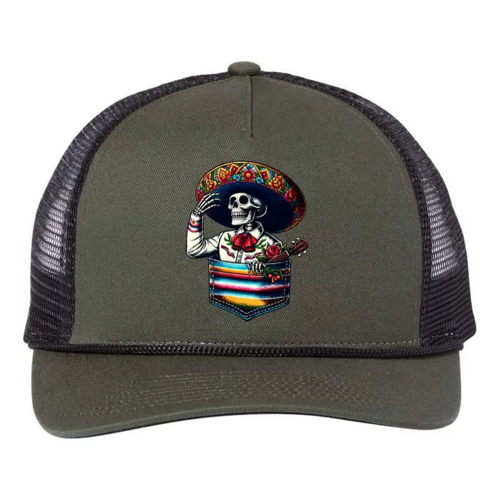 Serape Skeleton Mariachi Sombrero Hat Cinco De Mayo Pocket Retro Rope Trucker Hat Cap