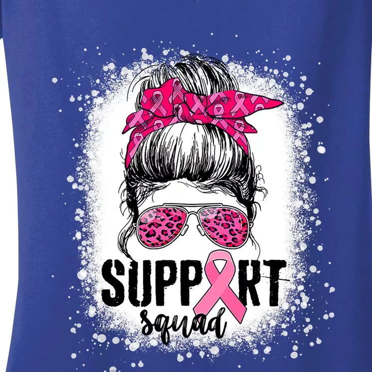 Support Squad Messy Bun Pink Warrior Breast Cancer Awareness Gift Women's V-Neck T-Shirt