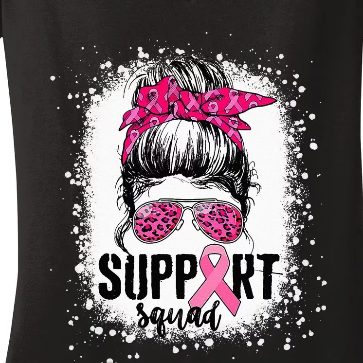 Support Squad Messy Bun Pink Warrior Breast Cancer Awareness Women's V-Neck T-Shirt