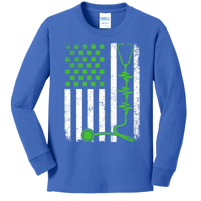 Shamrock Stethoscope Nurse St Patricks Day Irish Usa Flag Funny Gift Kids Long Sleeve Shirt