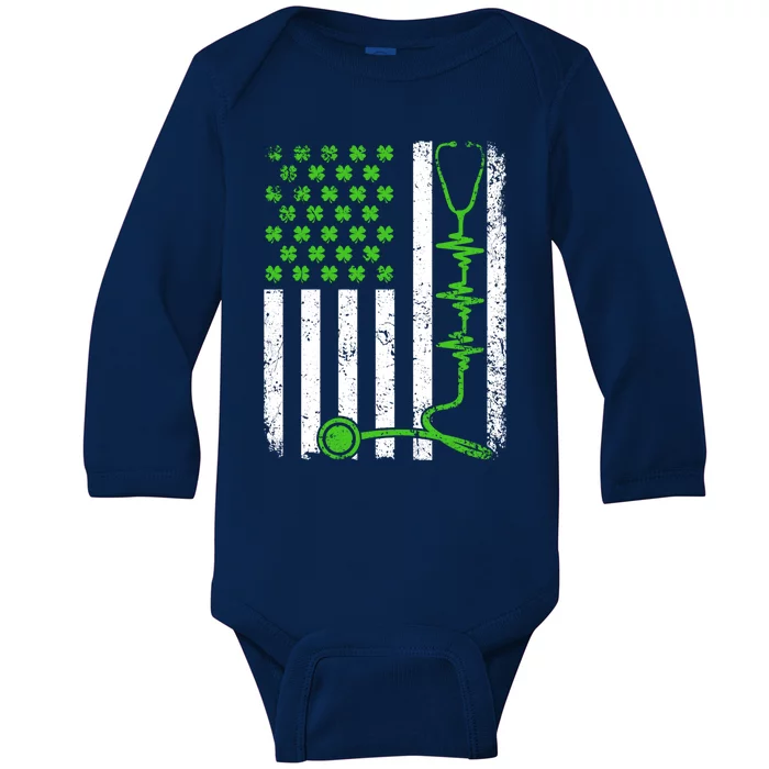 Shamrock Stethoscope Nurse St Patricks Day Irish Usa Flag Funny Gift Baby Long Sleeve Bodysuit