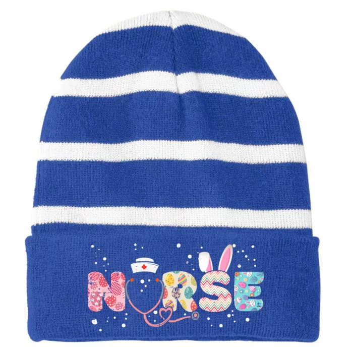 Stethoscope Scrub Nurse Life Easter Day Bunny Eggs Funny Gift Striped Beanie with Solid Band