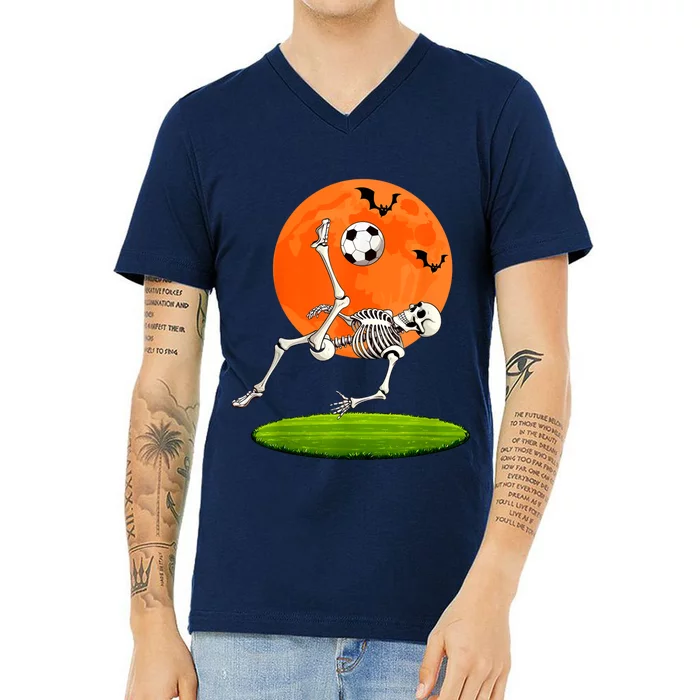 Soccer Skeleton Overhead Kick Soccer Player Halloween Moon V-Neck T-Shirt