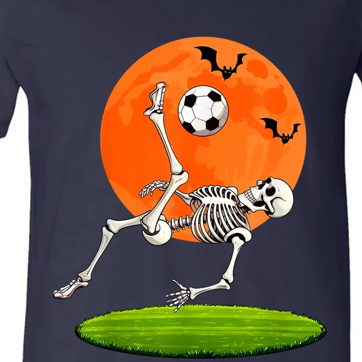 Soccer Skeleton Overhead Kick Soccer Player Halloween Moon V-Neck T-Shirt