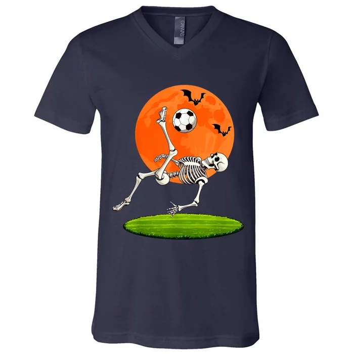 Soccer Skeleton Overhead Kick Soccer Player Halloween Moon V-Neck T-Shirt