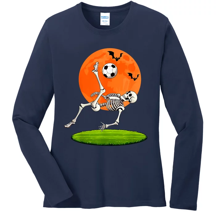 Soccer Skeleton Overhead Kick Soccer Player Halloween Moon Ladies Long Sleeve Shirt