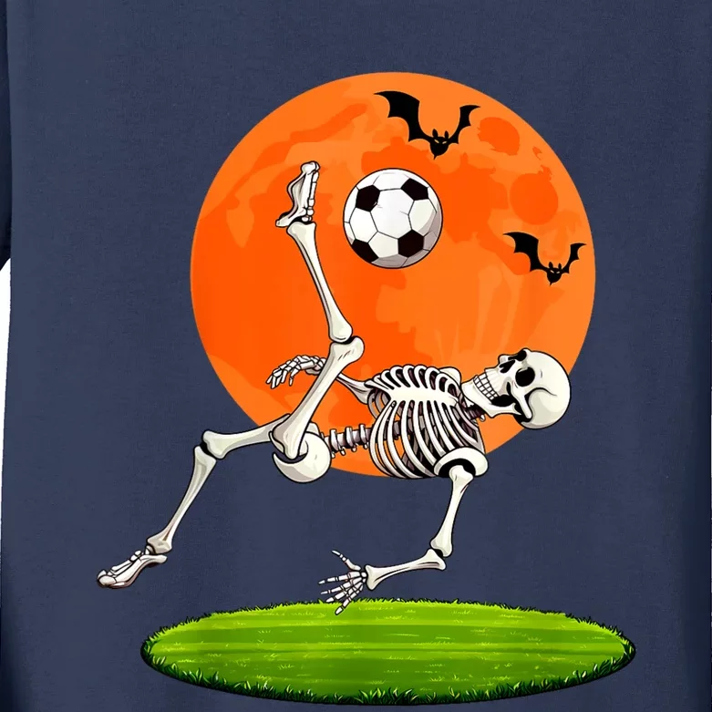 Soccer Skeleton Overhead Kick Soccer Player Halloween Moon Kids Long Sleeve Shirt