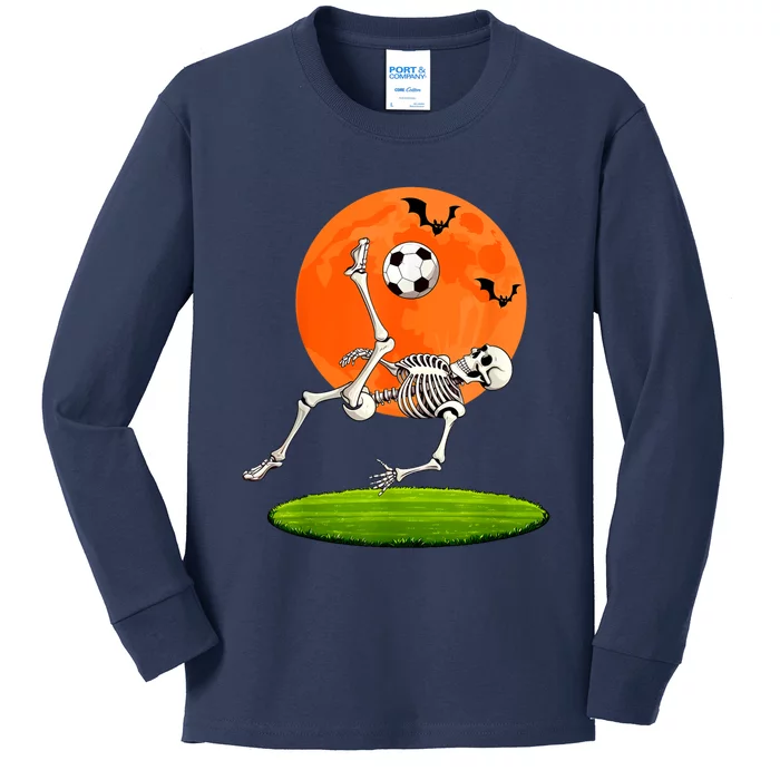 Soccer Skeleton Overhead Kick Soccer Player Halloween Moon Kids Long Sleeve Shirt