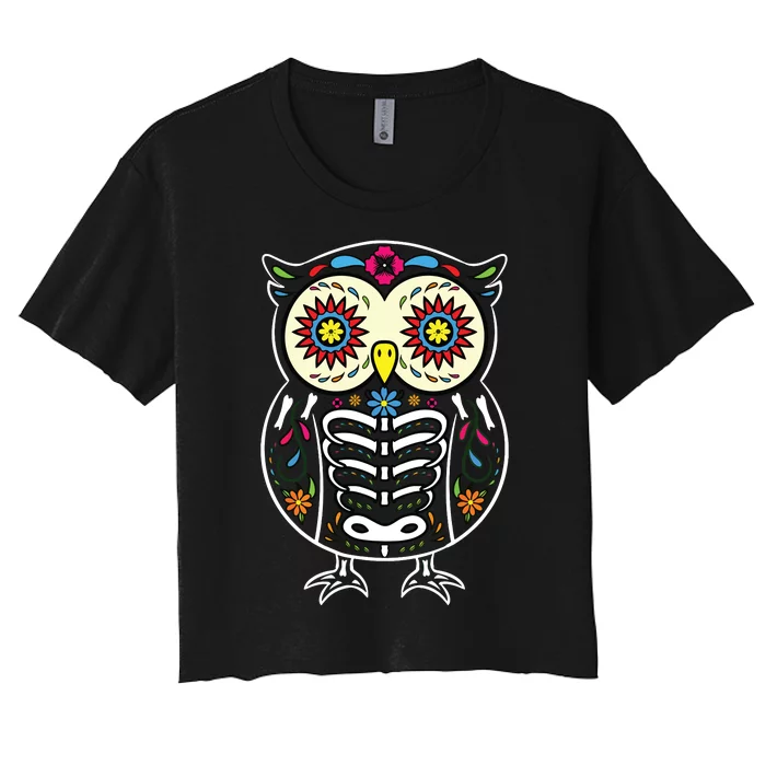 Sugar Skull Owl Dia De Los Muertos Halloween Women's Crop Top Tee