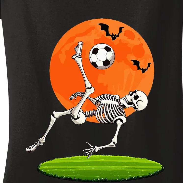 Soccer Skeleton Overhead Kick Soccer Player Halloween Moon Women's V-Neck T-Shirt