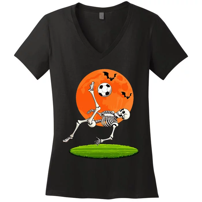 Soccer Skeleton Overhead Kick Soccer Player Halloween Moon Women's V-Neck T-Shirt