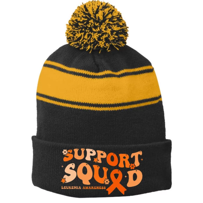 Support Squad Orange Ribbon Leukemia Blood Cancer Awareness Stripe Pom Pom Beanie