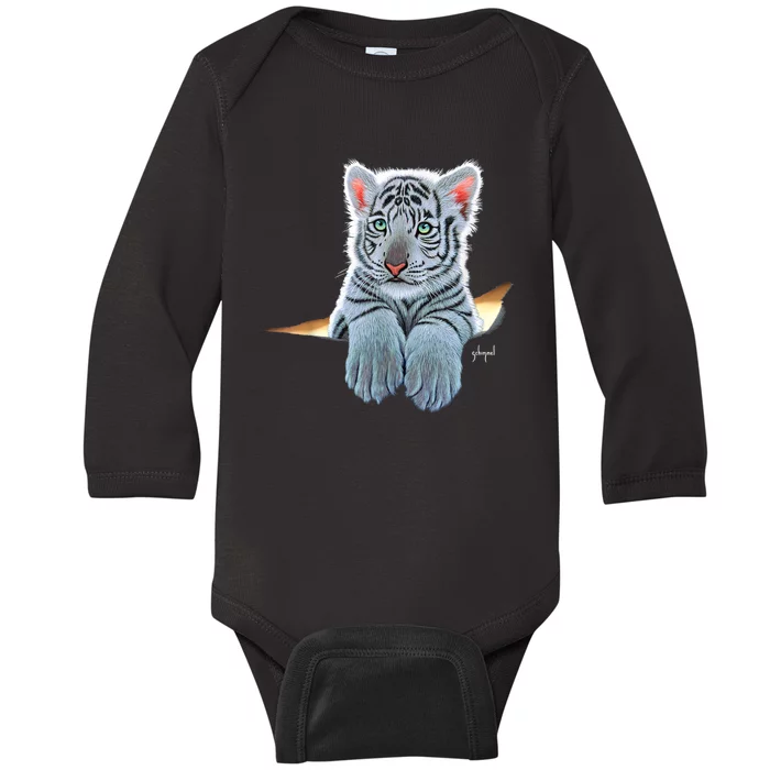 Schim Schimmel Original Artwork, White Tiger Cub Baby Long Sleeve Bodysuit