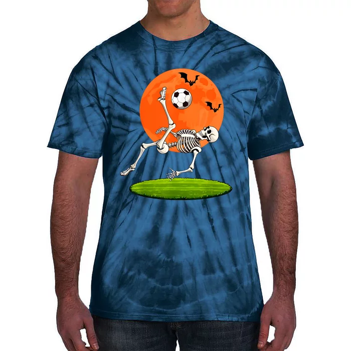 Soccer Skeleton Overhead Kick Soccer Player Halloween Moon Tie-Dye T-Shirt