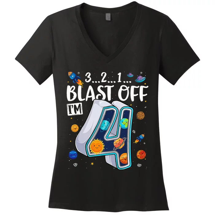 Solar System Planets Four 4 Years Old 4th Birthday Women's V-Neck T-Shirt