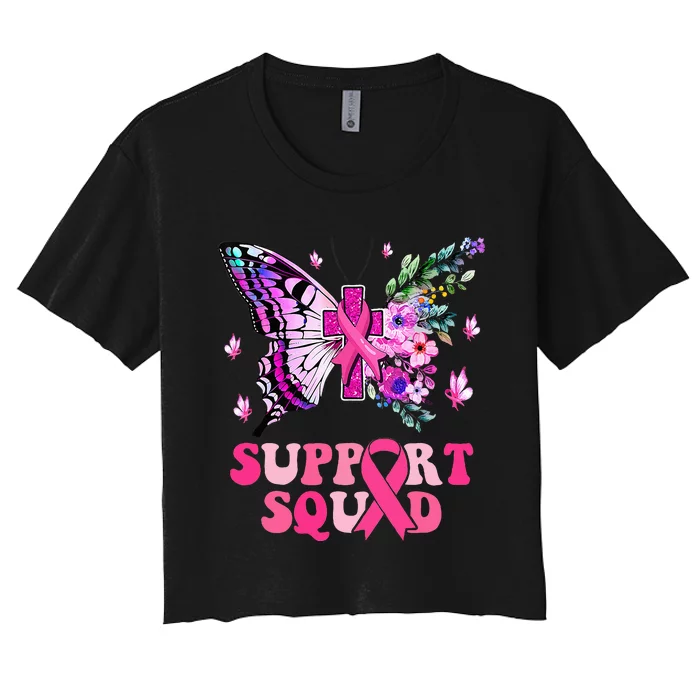 Support Squad Pink Ribbon Butterfly Breast Cancer Awareness Women's Crop Top Tee