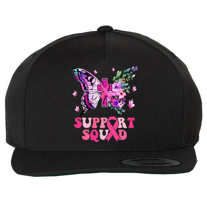 Support Squad Pink Ribbon Butterfly Breast Cancer Awareness Wool Snapback Cap