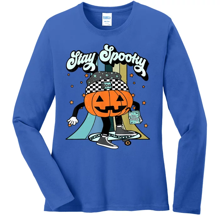 Stay Spooky Pumpkin Skateboard Funny Boy Halloween Gift Ladies Long Sleeve Shirt