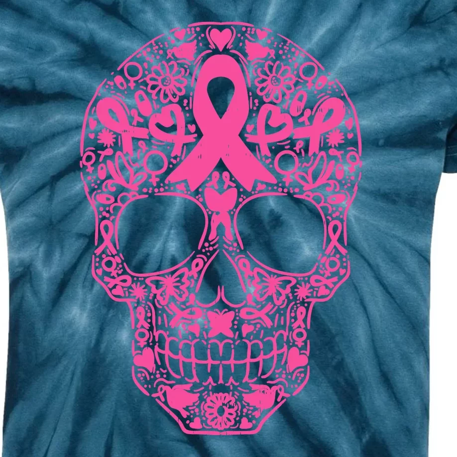 Sugar Skull Pink Ribbon Calavera Breast Cancer Awareness Kids Tie-Dye T-Shirt